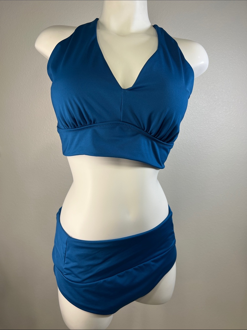 Athleta Deep Teal Blue V-Neck and High Waist Bikini Set LARGE
